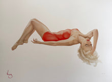 Load image into Gallery viewer, A Vargas lithograph of a platinum blonde woman lying down wearing a red swimsuit, with a signature on the bottom.
